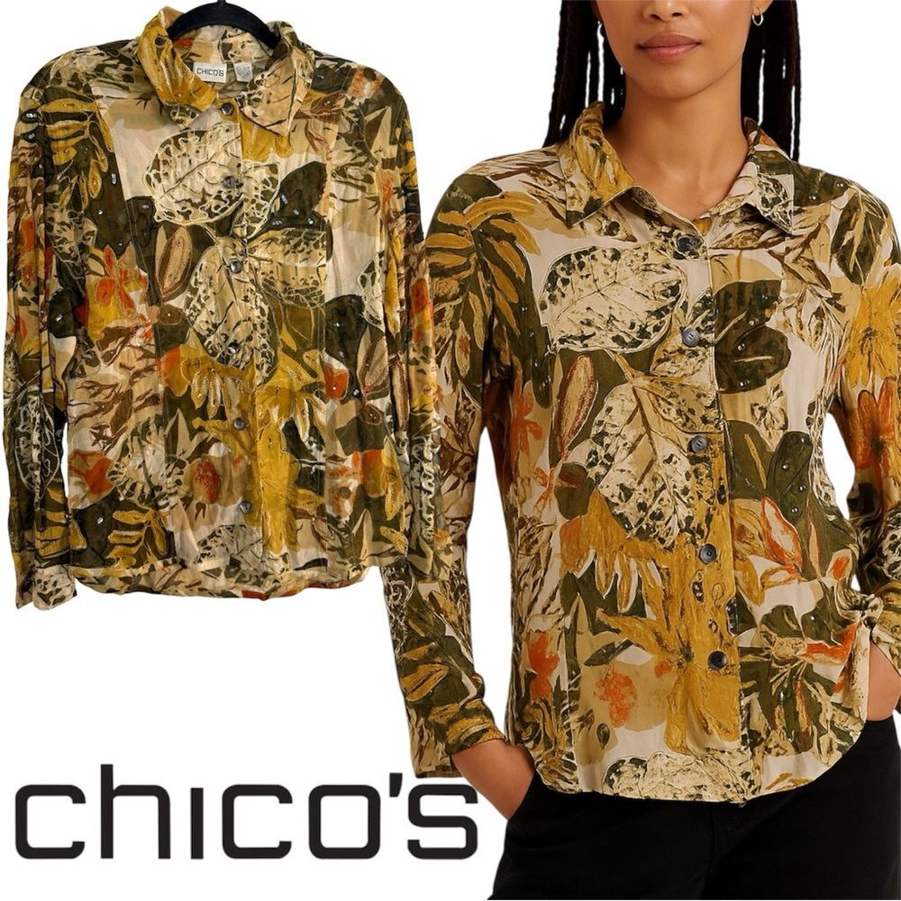Chico's Autumn Leaf Embellished Button Down Shirt Size M
